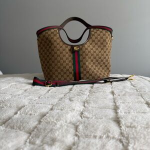 Brown Shoulder Bag with Red and Green Accents